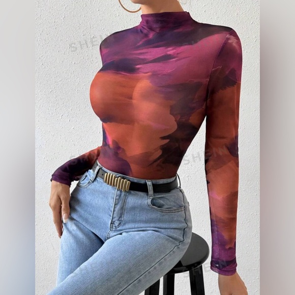 Tie Dye Mock Neck Mesh Top - Picture 2 of 6